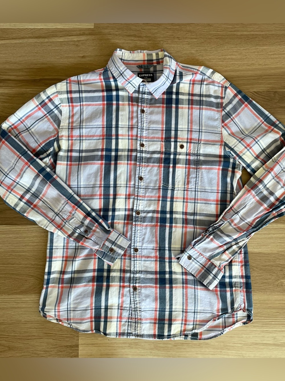 Express Men’s Long Sleeve Plaid Blue, Navy, Red & Cream Button Up Shirt Sz Large